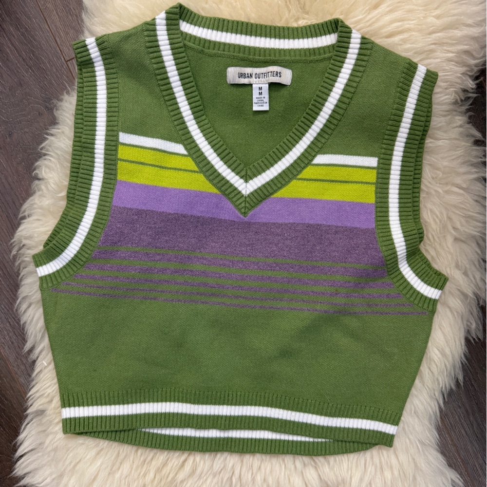 Urban Outfitters Green Striped Sweater Vest Size M Y2K Preppy